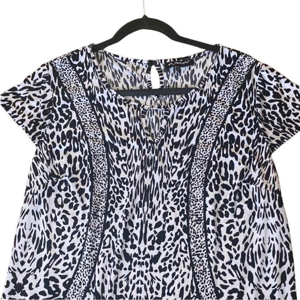 Mlle Gabrielle Black White Multi Print Cap Sleeve Dress Size 2X Stretch - Picture 2 of 8